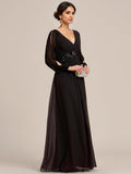 Women's V Neck Long Sleeves Floor Length Ruched Chiffon Formal Dress