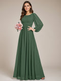 Women's Crewneck Long Lantern Sleeves Floor Length A-Line Pleated Chiffon Formal Dress