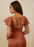 Flutter Sleeve Stretch Satin Sheath Bridesmaid Dress