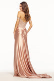 Off Shoulder Lace Satin V-Neck Prom Gown