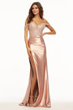 Off Shoulder Lace Satin V-Neck Prom Gown