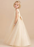 Ball-Gown/Princess Scoop Floor-Length Satin/Tulle Flower Girl Dress With Bow/Beading