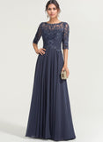 A-line Scoop Illusion Floor-Length Lace Chiffon Mother of the Bride Dress With Pleated Sequins