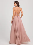 A-line V-Neck Floor-Length Mesh Prom Dresses With Pleated