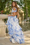 Floral Chiffon Ball Gown with Ruffle Slit