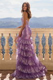 Mermaid/Cloumn Strapless Sequin Lace Prom Gown with Ruffle Slit