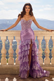 Mermaid/Cloumn Strapless Sequin Lace Prom Gown with Ruffle Slit