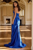 Strapless Stretch Satin V-Neck Prom Gown with High Slit