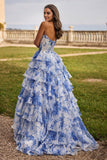 Chiffon Strapless Satin Corset Ball Gown with Ruffle Skirt Slit