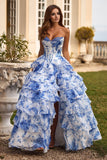 Chiffon Strapless Satin Corset Ball Gown with Ruffle Skirt Slit