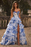 Chiffon Strapless Satin Corset Ball Gown with Ruffle Skirt Slit