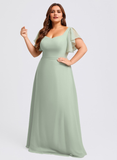 Plus Size A-line V-Neck Floor-Length Chiffon Bridesmaid Dress With Ruffle