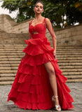 A-line Sweetheart Floor-Length Chiffon Prom Dresses With 3D Floral Cascading Ruffles