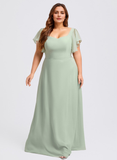 Plus Size A-line V-Neck Floor-Length Chiffon Bridesmaid Dress With Ruffle