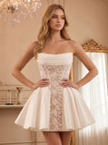 Strapless Ruched Lace Satin Boned Corset Lace-Up Back Fit and Flare Mini Dress