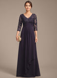 Empire V-Neck Floor-Length Lace Chiffon Mother of the Bride Dress With Cascading Ruffles Sequins