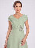 V-Neck Cap Sleeve Beaded Brooch Diagonal Ruched Sequin Panel A-Line Chiffon Mother of the Bride Dress
