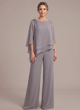 2-Piece Boat Neck 3/4 Sleeve Beaded Shoulder Asymmetric Tiered Chiffon Pantsuit