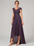 V-Neck Cap Sleeve Sequin Lace Applique Ruched Hi-Low Chiffon Mother of the Bride Dress