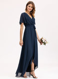 A-line V-Neck Asymmetrical Chiffon Bridesmaid Dress With Bow Pleated