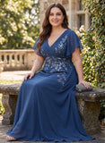 Plus Size V-Neck Flutter Sleeve Sequin Floral Embroidered Chiffon A-Line Mother of the Bride Dress