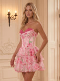 Strapless Sweetheart Lace Trim Floral Print Boned Corset Tiered Ruffle Homecoming Dress