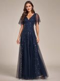 V Neck Ruffle Sleeves Sequin Maxi Long Evening Dress