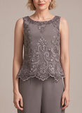 3-Piece Beaded Scoop Neck Scallop Lace Hem Sleeveless Top, 3/4 Sleeve Asymmetric Chiffon Jacket & Wide-Leg Pants Mother of the Bride Pantsuit