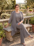 Plus Size 3-Piece Beaded Jewel Neck Allover Floral Embroidered Scallop Hem Sleeveless Top, 3/4 Sleeve Asymmetric Chiffon Jacket & Wide-Leg Pants Mother of the Bride Pantsuit