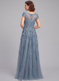 V-Neck Cap Sleeve Allover Rose Lace Applique Tulle A-Line Mother of the Bride Dress