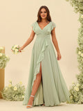 A-Line/Princess V-Neck Long Bridesmaid Dresses with Ruffles