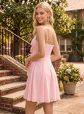Spaghetti Strap V-Neck Bow Tie Front Ruffle Cascade Chiffon A-Line Mini Dress