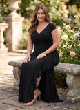 Plus Size V-Neck Cap Sleeve Crossover Ruched Jersey Sheath Mother of the Bride Dress with Side Slit