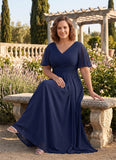 Plus Size V-Neck Flutter Sleeve Ruched Chiffon Mother of the Bride Dress