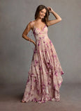 Mauve Floral Chiffon Floor Length V-Neck Maxi Prom Dress