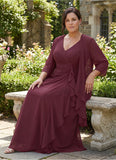 Plus Size 2-Piece V-Neck Crossover Ruched Chiffon Mother of the Bride Dress with 3/4 Sleeve Jacket & Cascade Ruffle