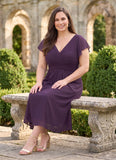 Plus Size V-Neck Flutter Sleeve Ruched Waist Chiffon Tea Length Mother of the Bride Dress