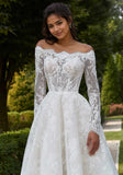 Lovely A-line Illusion Off-the-Shoulder Scalloped Neckline Lace Ball Gown/Wedding Gown