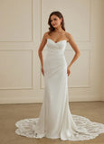 Sheath Strapless Court Train Satin Tulle Wedding Dress With Lace