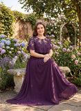 Plus Size Illusion Scoop Neck Sequin Lace Cape Sleeve Ruched Waist A-Line Chiffon Mother of the Bride Dress