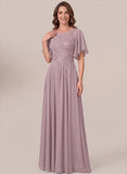 Bateau Neck Flutter Sleeve Floral Embroidered Chiffon A-Line Mother of the Bride Dress