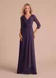 V-Neck 3/4 Sleeve Ruched Starburst Chiffon A-Line Mother of the Bride Dress