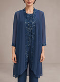 3-Piece Jewel Neck Allover Sequin Lace Top, 3/4 Sleeve Sequin Trim Chiffon Mother of the Bride Pantsuit