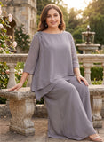 Plus Size Bateau Neck Beaded Shoulder 3/4 Sleeve Double-Tiered Asymmetric Chiffon Top & Wide-Leg Pants Mother of the Bride Pantsuit