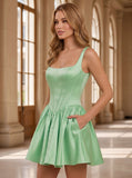Square Neck Wide Strap Corset Satin Homecoming Dress with Lace-Up Back & Pockets