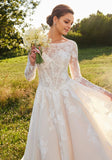 Illusion Boat neck long sleeves Wedding Gown with Back Bow