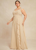 A-line V-Neck Floor-Length Lace Chiffon Mother of the Bride Dress With Cascading Ruffles