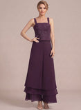 3-Piece Square Neck Beaded Floral Camisole Top, Long Sleeve Chiffon Jacket & Tiered Wide-Leg Pants Mother of the Bride Pantsuit