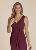 2-Piece V-Neck Cascade Ruffle Chiffon Mother of the Bride Dress with 3/4 Sleeve Jacket