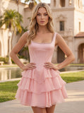 Square Neck Pearl Strap Corset Chiffon Homecoming Dress with Tiered Ruffle Dress & Pockets